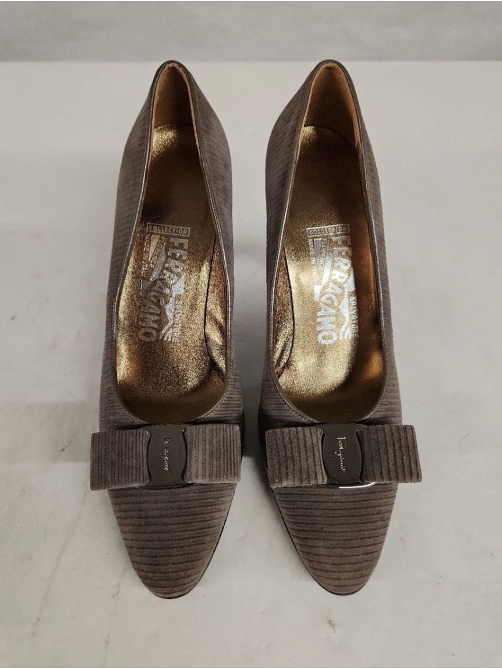 Salvatore Ferragamo Taupe Ribbed Bow Pumps new 6